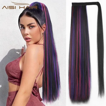 Синтетични косми AISI, събрани в опашка, дълга черна права коса Yakki смесени цветове за жени, топлоустойчива косата