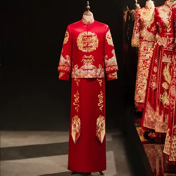 Ориенталски сватба китайски комплекти облекло за младоженеца, традиционната роба за двойки с бродерия дракон, размер S-2XL