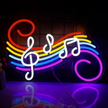 Цветни музикални ноти led неон дизайн във формата на осветителни тела на стената, фоново декорация на помещението, в атмосфера на бара, светещи оформление, светла стена