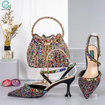 QSGFC2023 Италиански дизайн, елегантни и луксозни маркови дамски обувки на среден ток, комплект сватбени сандали с кристали, комплект чанти Queen Noble