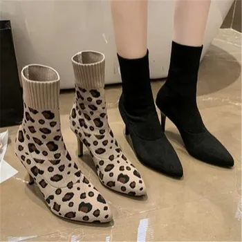 Пикантни обувки с леопардовым принтом, възли еластични обувки, дамски обувки, пролет-есен, 2023, модерни нови дамски обувки на висок ток, Mujer