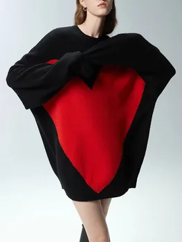 100% вълнен топъл женски черен пуловер във формата на сърце от жакард с кръгло деколте, жена без жилетка с дълъг ръкав, есен-зима, новост 2022