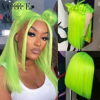 13x4 HD прозрачна дантела пред перука флуоресцентно зелено кратък боб Перуки директни вълнообразни бразилски естествена коса за жени