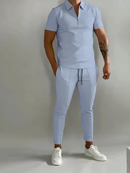 BUTZ 2023, нова однотонная мъжка риза поло с къс ръкав, костюм, лятна Ежедневни градинска на дрехи от кожа, мъжки спортно облекло, панталони, комплект от 2 теми