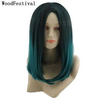 WoodFestival Синтетични перуки за жени, кратък перука за cosplay, черен, зелен, омбре, оранжево, пряко высокотемпературное влакна