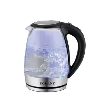 Преносими електрически стъклен чайник с обем 2 литра, със сини led подсветка и основа от неръждаема стомана, плот с бързото отопление, домакински уреди