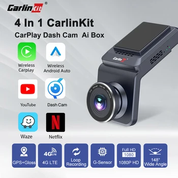 CarlinKit WiFi Авто Ai Box CarPlay Dash Cam Wi Android Автомобил и кола USB Адаптер YouTube, Netflix 4G + 64G GPS Видео