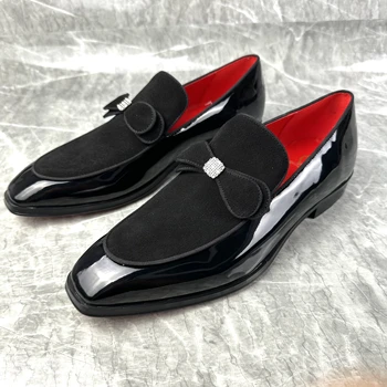 Лачена кожа, черни обувки в британски стил с лък, мъжки лоферы, летни вечерни сватбени офис обувки с високо качество на равна подметка с квадратни пръсти