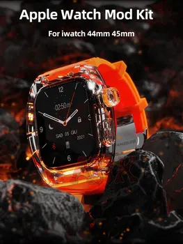 Луксозен комплект модификация на Apple Watch Прозрачен калъф за iWatch 44 мм 45 мм, изменено спортен гумена каишка за часовник, калъф за Apple watch