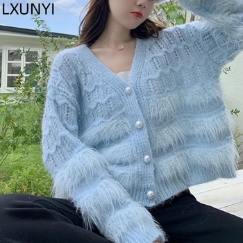 LXUNYI, есен 2023, дамски пуловер с пискюли, палто, без V-образно деколте, модерен вязаный топ в стил мозайка за жени