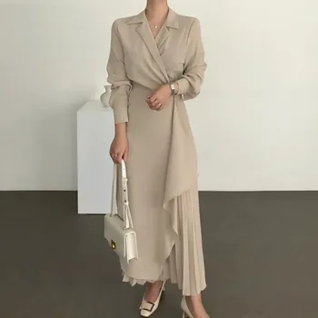 Рокли за жени 2023, плиссированная официална елегантна риза, дълга рокля, офис женски мюсюлмански винтажное однотонное рокля, вечерна рокля