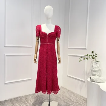 Висококачествено женствена рокля миди с къс ръкав, новост 2023 г., пролетно-лятно червено елегантна винтажное дантелено рокля