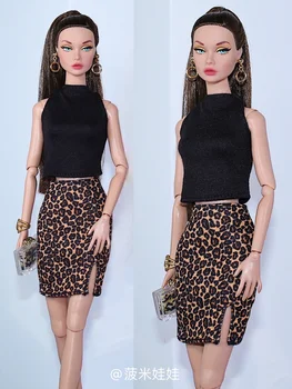 черен топ + леопардовое рокля, комплект дрехи / комплект дрехи за кукли Барби 1/6 BJD Xinyi FR ST / облекло за кукли 30 см