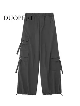DUOPERI / дамски модни черни панталони с джобове, годината на реколтата, с високо еластична талия, пълна дължина, шик женски прави панталони