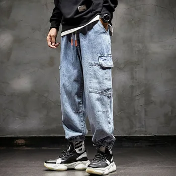 Мъжки дънки-карго, марковите са директни дънкови панталони с голям джоб, широки панталони, мъжки реколта панталони за татко в стил хип-хоп, памук 2023 година
