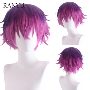 RANYU Къси мъжки женски директни перуки омбре наклон лилаво, черно, кафяво ленено аниме Cosplay перука за дневна партита