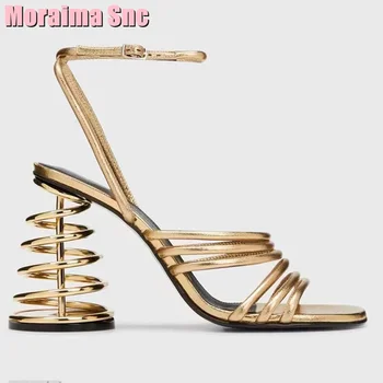 Златни пролетта сандали на нетрадиционни обувки с каишка и катарама на глезена, дизайнерски дамски обувки, лятна мода однотонная обувки за подиум, топла разпродажба