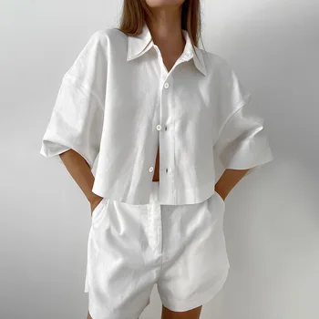 2023 Дамски къси панталони, комплект от две части, риза с къс ръкав, отгоре, модерни ежедневни ленени шорти с висока талия, с костюм, градинска облекло
