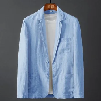 Нов мъжки яке-сако, пролет-лято, обикновен, оборудвана, бизнес, всекидневни, тънък, дишащ, бял, памук, лен костюм, палто, мъжки