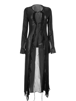 Жена сетчатое дълга рокля-жилетка, прозрачно, расклешенное, с къдри, закрывающее es, секси плажна клубна облекло за партита (черен расклешенный L)