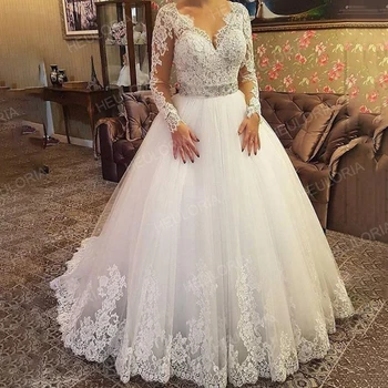 Бална рокля на принцеса сватбена рокля е роклята на булката с дълъг ръкав, V-образно деколте, големи размери, хавлия, бельо сватбена рокля с мъниста сватбена рокля