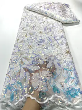 Бяла модерна френска лейси тъкани от тюл с бродерия 2023 г., лейси плат с пайети в африка нигерия стил, лейси плат за сватбена рокля