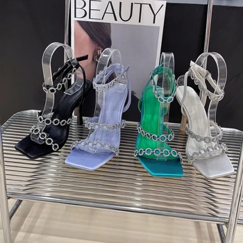 Нови летни дамски сандали на високи токчета, украсени с пайети, метални верига, квадратен чорап, обикновен римски сандали на висок ток с отворени пръсти