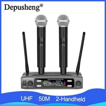 Безжичен микрофон Depusheng X2 ръчно двоен канал UHF фиксиран динамичен микрофон за караоке, сватбени партита, група, шоу, на църквата