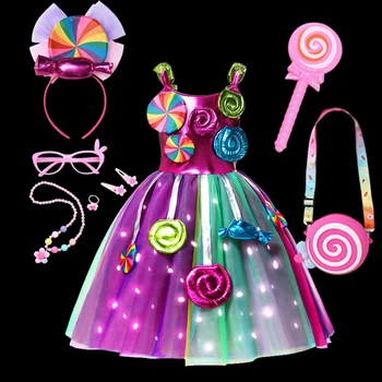 Дъга бебешка рокля с бонбони и сладки леденцом на клечка, кралят костюм за рожден ден за момичета, необичайна детска булчински облекла с led подсветка, пакетче