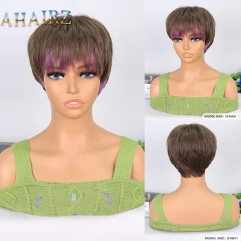 Къса градиентные лилаво перуки, изкуствени перуки с бретон в стил pixie за черни жени, резултати при висока температура коса за ежедневна cosplay
