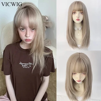 VICWIG Дълги синтетични директни бежово-сив перуки с бретон за жени, cosplay в стил Лолита