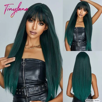 Дълги прави, тъмно-зелени перуки, направени от синтетични косми с бретон, Cosplay, Хелоуин, цветна перука за жени, афро, натурален, огнеупорни