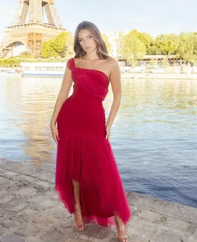 Реколта червени вечерни рокли с висока засаждане, Русалка, плиссированное рокля от тюл с едно рамо, вечерна рокля De Mariée за жени