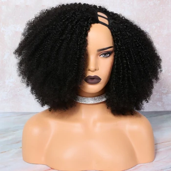 Черно кратък перука с U-образна част от европейския перука от човешка коса Remy, къдрава перука, без лепило, еврейския мек перука от естествен цвят за черни жени