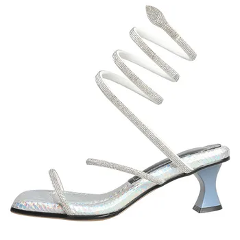 Нова марка обувки за жени, дамски обувки с квадратни пръсти във формата на змии и диаманти, дамски сандали на нетрадиционни обувки с отворени пръсти 34-43