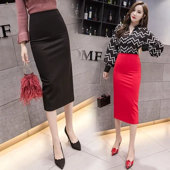 2023 Пола-молив дамски облегающая модерен офис пола с висока талия, червени, черни дамски поли миди с цепка, Jupe Femme