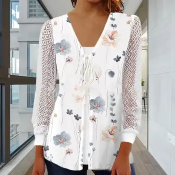 Дамски есенен тениска с дълги ръкави и V-образно деколте, цветен принт, мека чрез шнурове, без жилетка трапецовидна форма в стил мозайка