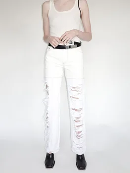 y2k пролет-лято асиметрични скъсани памучни дънки с висока талия 2023, модерни, универсални свободни ежедневни директни дамски панталони