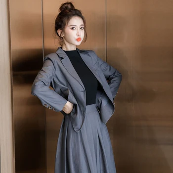 Жените красиви комплекти от две части, нова корейска жена плиссированная пола + однобортный блейзър, костюми, дамски бизнес женски работни юбочные костюми