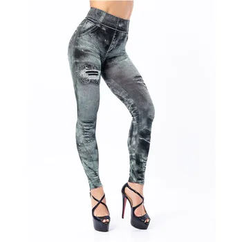 Гамаши от изкуствена джинса с висока талия, тънки еластични безшевни панталон-молив големи размери, дамски гамаши за бягане с джобове