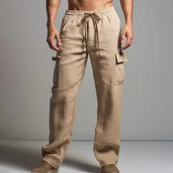 Обикновена панталони, дишащи мъжки панталон с еластична талия, меки панталони с дължина до щиколоток с външни джобове, регулируем дизайн широк крак
