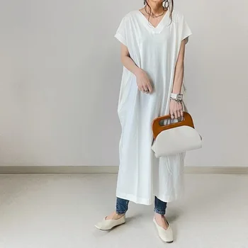 Жена ежедневното бяла дълга рокля със свободна талия, лятото на 2022, V-образно деколте, двойна странични джоба с цепка, ръкав 