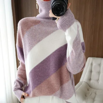 Корейската версия на контрастен пуловери с високо воротом, женски новият есенно-зимния пуловер свободно, намаляване, вълнен пуловер, пуловер, жена