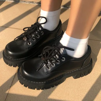 Малка кожена обувки в стил ретро JK с дебела подметка, черна женска музикална обувки Mary Jane, пролетно-есенна обувки в британски стил