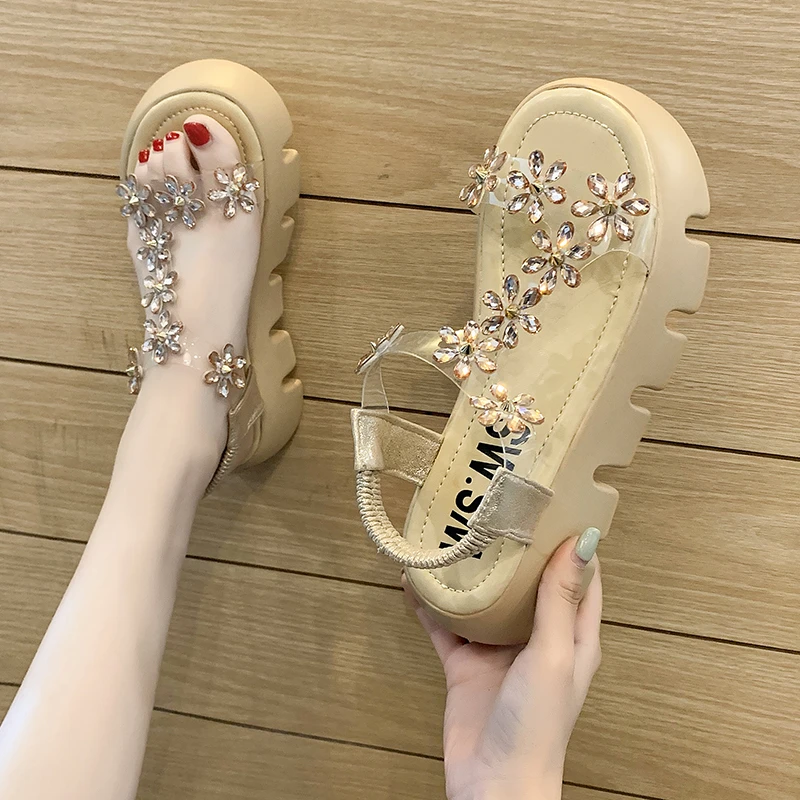 2021 Дамски плажни сандали, летни обувки на танкетке, открит чорап, кристални токчета, ежедневни римски дизайнерски сандали на платформа, Sandalias De Mujer - 0