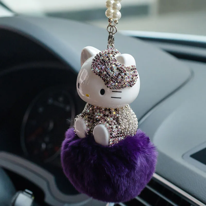 Kawaii Здравей Kittys, плюшен окачване на колата, аниме Kt Cat Hairball, диамантени бижута, окачване на огледалото за обратно виждане, аксесоари за украса на колата - 1
