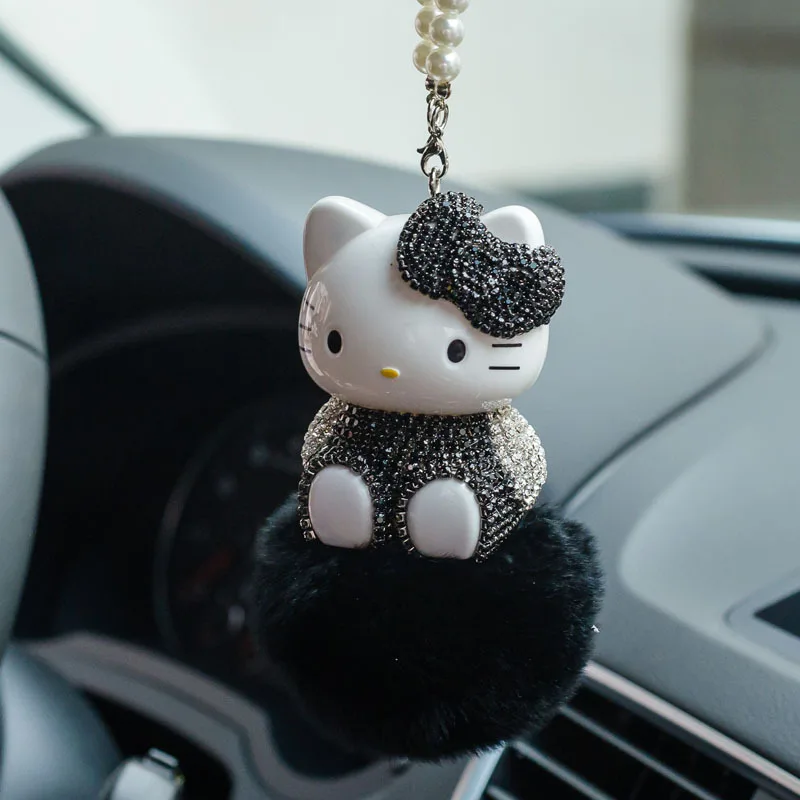Kawaii Здравей Kittys, плюшен окачване на колата, аниме Kt Cat Hairball, диамантени бижута, окачване на огледалото за обратно виждане, аксесоари за украса на колата - 3