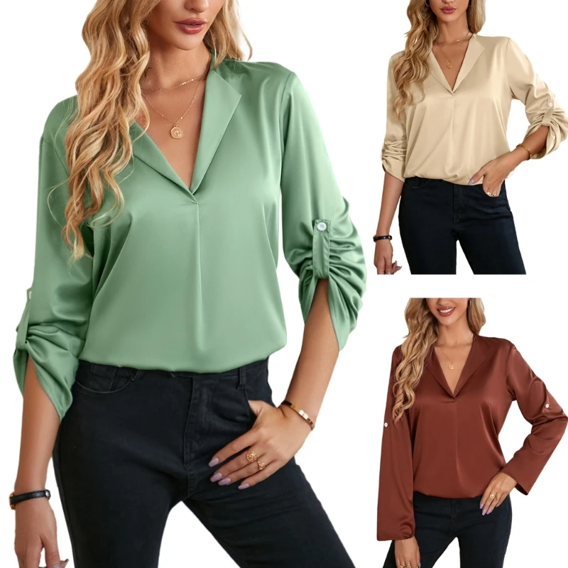Дамски сатенени блузи с V-образно деколте и дълъг ръкав, летни ежедневните свободни ризи, блузи, обикновена върхове-куртки - 0