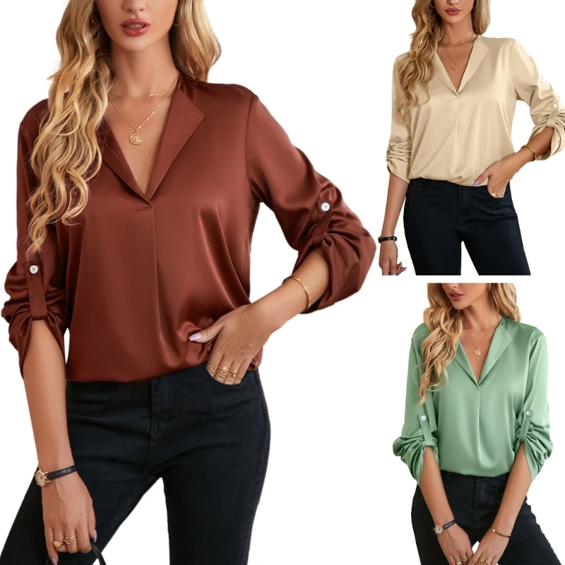 Дамски сатенени блузи с V-образно деколте и дълъг ръкав, летни ежедневните свободни ризи, блузи, обикновена върхове-куртки - 1