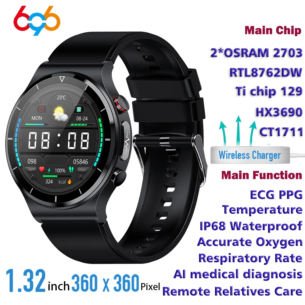 ЕКГ PPG следи кръвното налягане, Температурата на тялото smart-часовници безжична зареждане IP68 Водоустойчив AI медицинска диагностика Smartwatch - 0